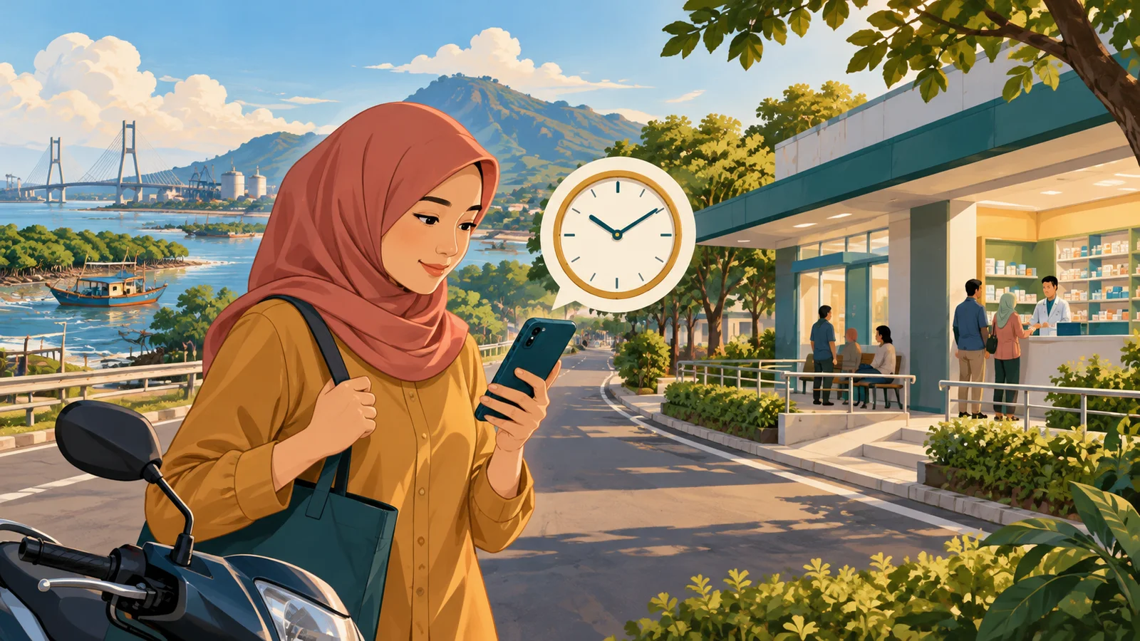 Ilustrasi cek jam operasional Apotek BPJS Gresik melalui peta dan checklist sebelum datang